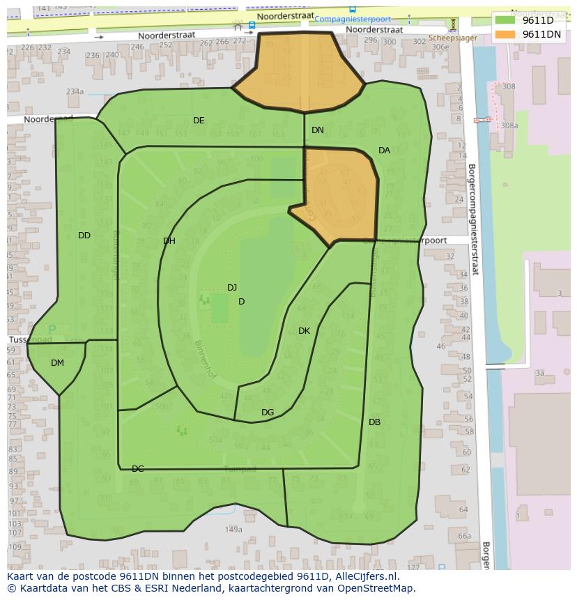 Afbeelding van het postcodegebied 9611 DN op de kaart.