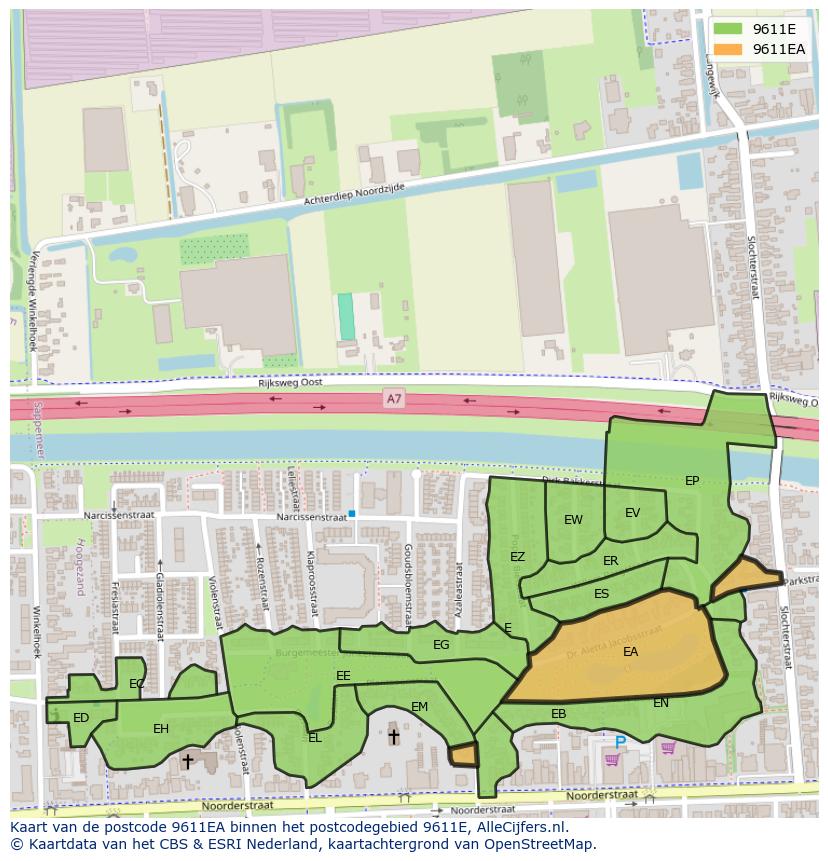 Afbeelding van het postcodegebied 9611 EA op de kaart.