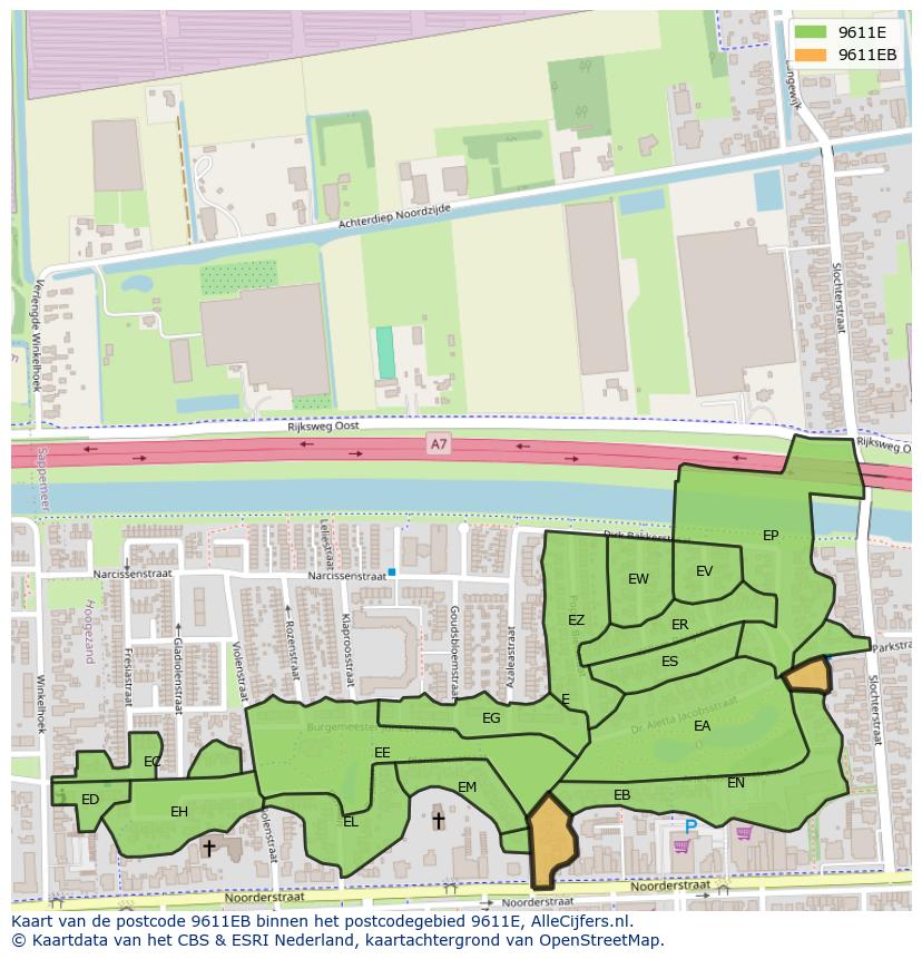 Afbeelding van het postcodegebied 9611 EB op de kaart.