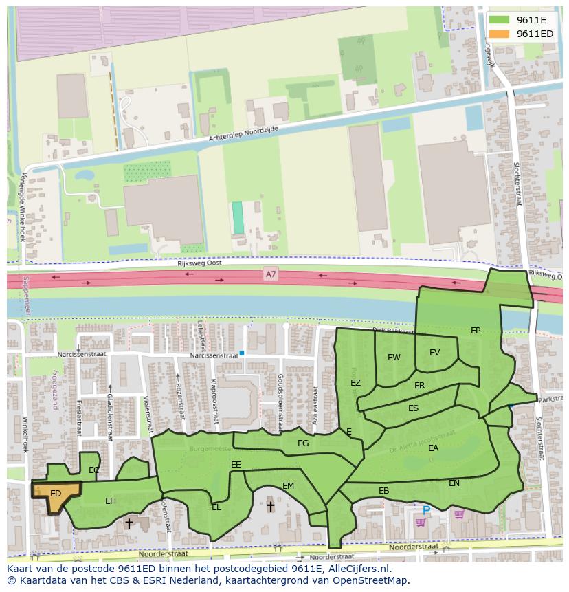 Afbeelding van het postcodegebied 9611 ED op de kaart.