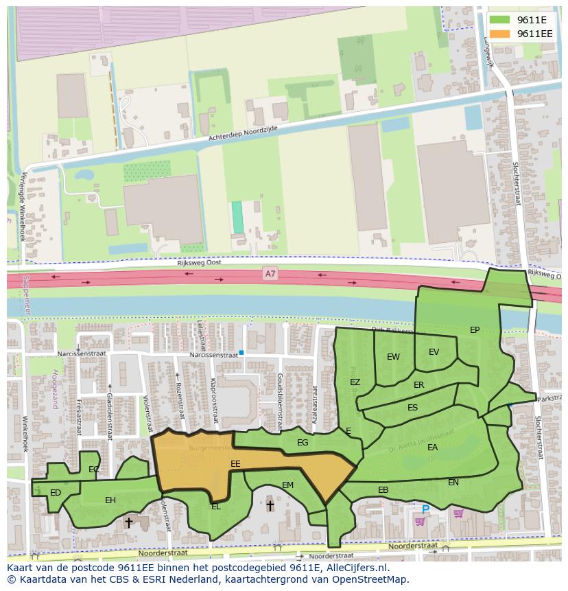 Afbeelding van het postcodegebied 9611 EE op de kaart.