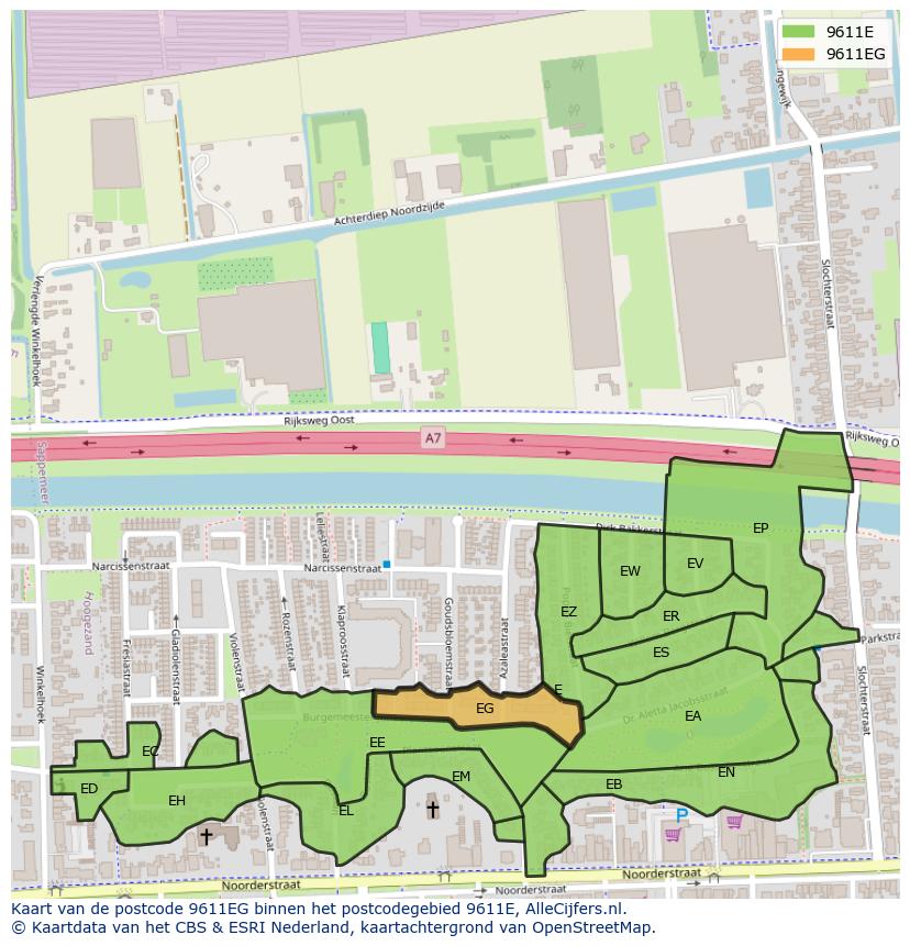 Afbeelding van het postcodegebied 9611 EG op de kaart.