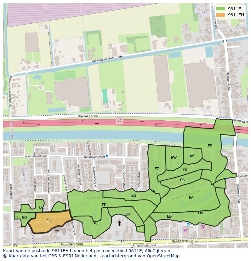 Afbeelding van het postcodegebied 9611 EH op de kaart.