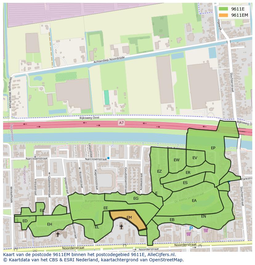 Afbeelding van het postcodegebied 9611 EM op de kaart.