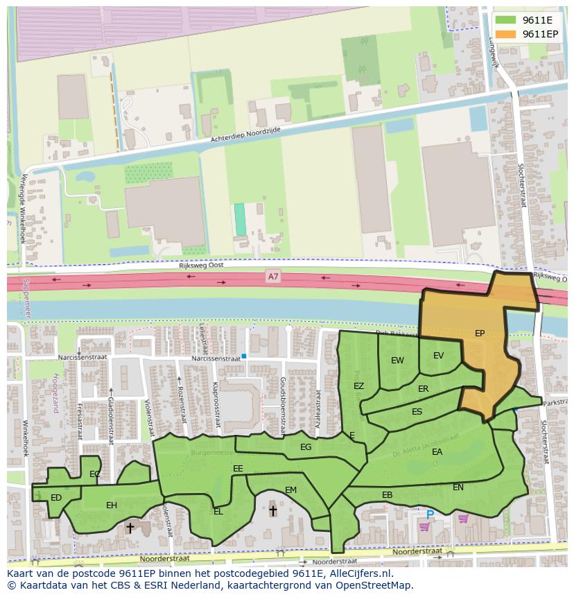 Afbeelding van het postcodegebied 9611 EP op de kaart.