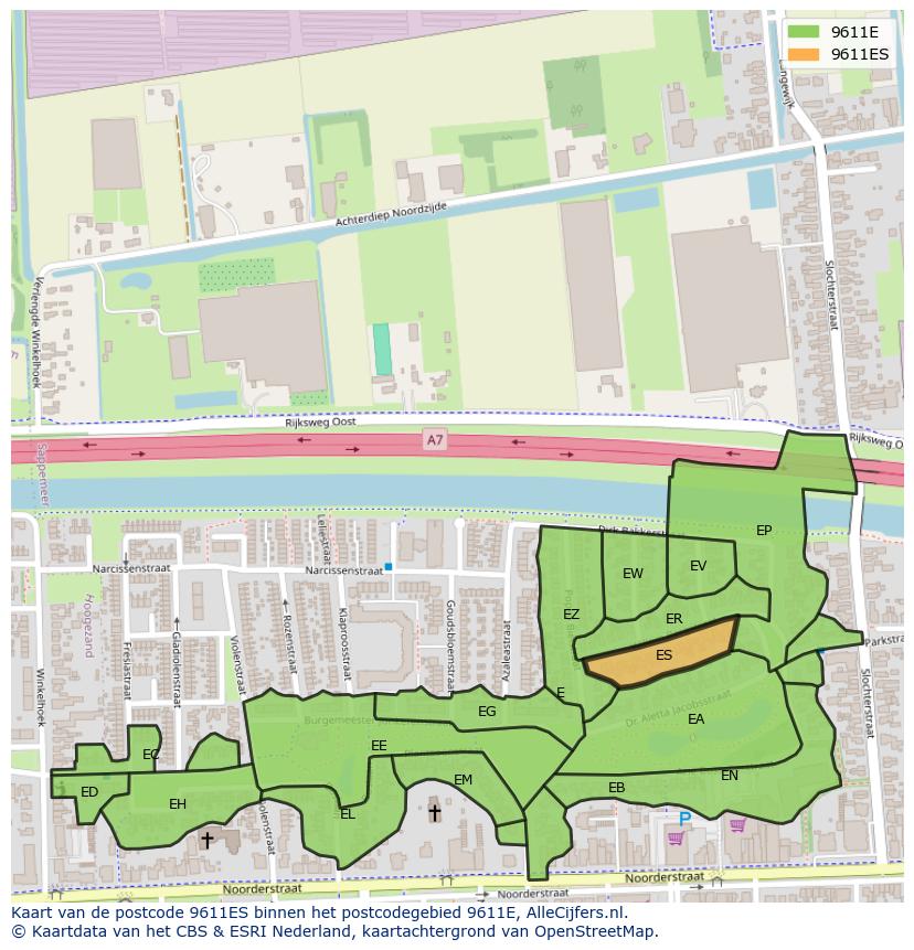 Afbeelding van het postcodegebied 9611 ES op de kaart.