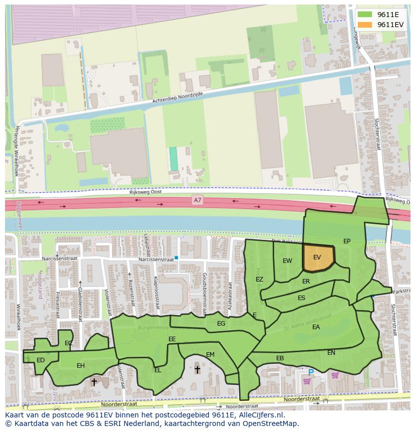 Afbeelding van het postcodegebied 9611 EV op de kaart.