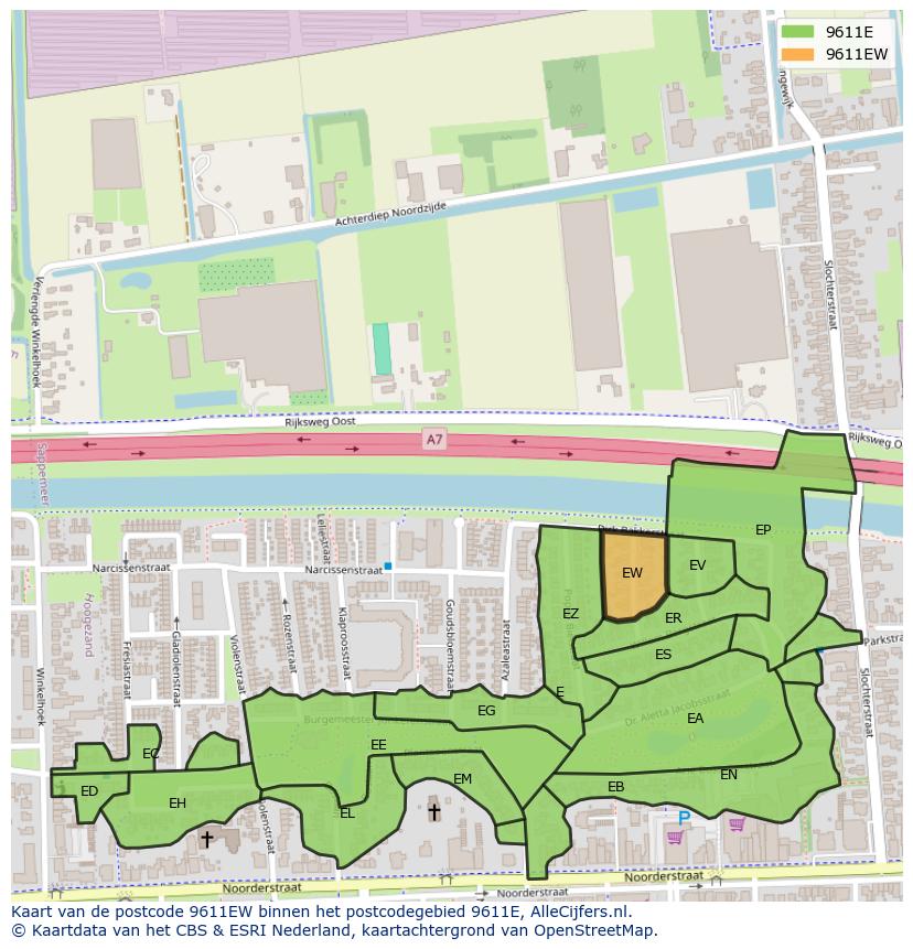 Afbeelding van het postcodegebied 9611 EW op de kaart.