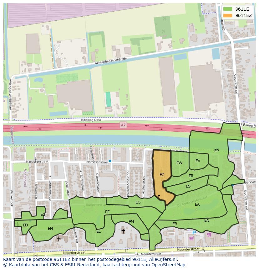 Afbeelding van het postcodegebied 9611 EZ op de kaart.