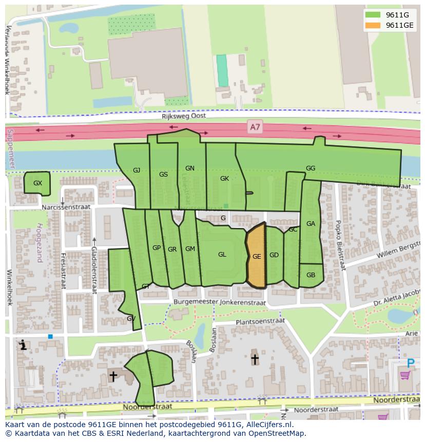 Afbeelding van het postcodegebied 9611 GE op de kaart.