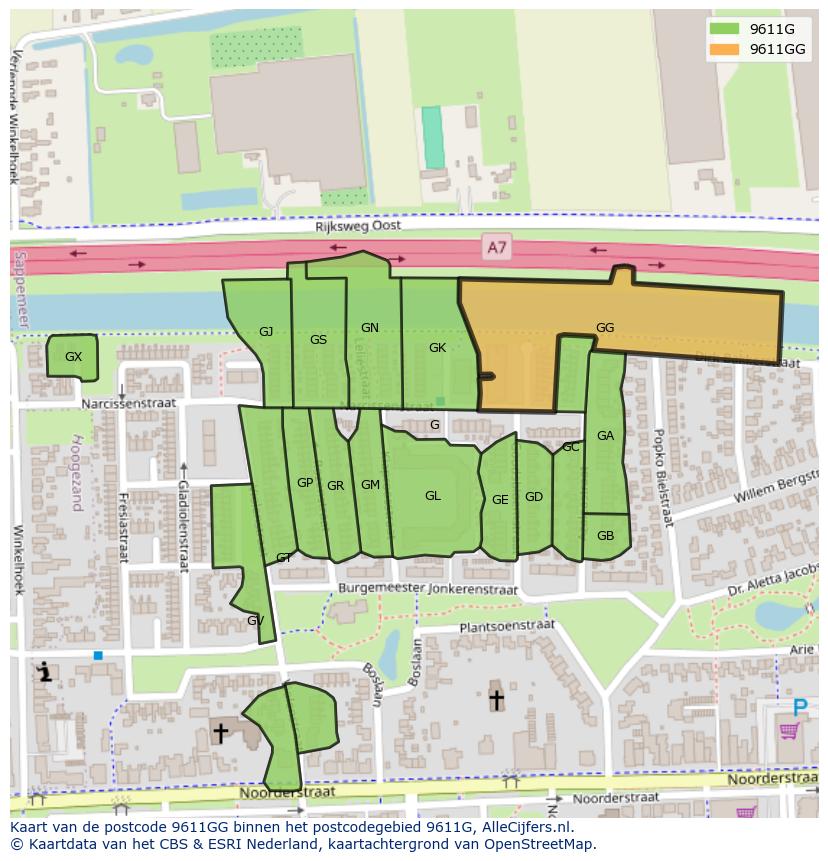 Afbeelding van het postcodegebied 9611 GG op de kaart.