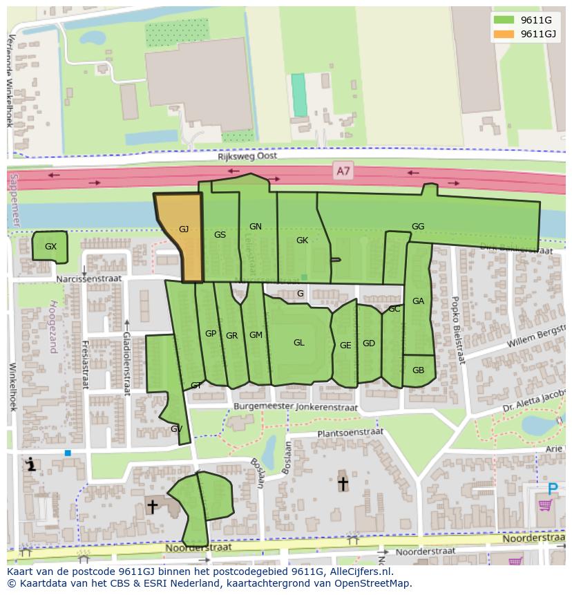 Afbeelding van het postcodegebied 9611 GJ op de kaart.