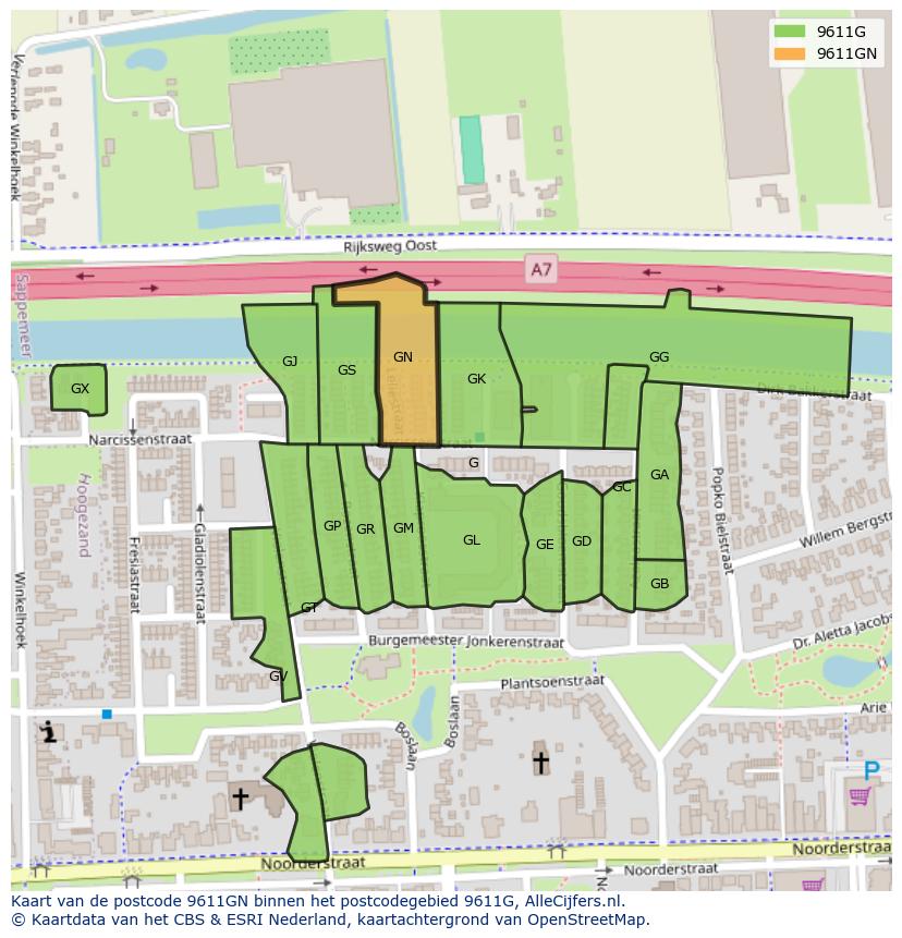Afbeelding van het postcodegebied 9611 GN op de kaart.