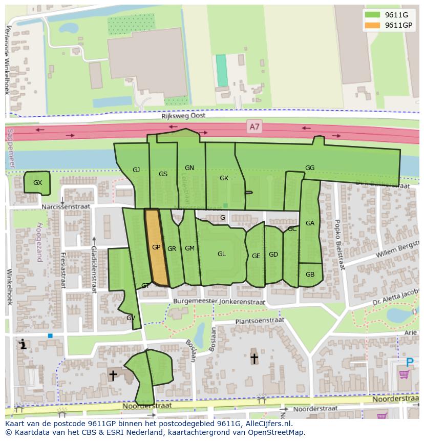 Afbeelding van het postcodegebied 9611 GP op de kaart.