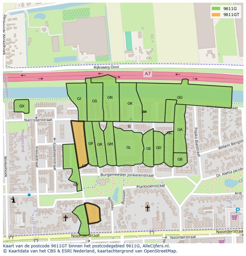 Afbeelding van het postcodegebied 9611 GT op de kaart.