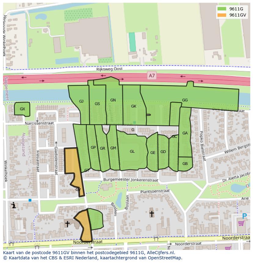 Afbeelding van het postcodegebied 9611 GV op de kaart.
