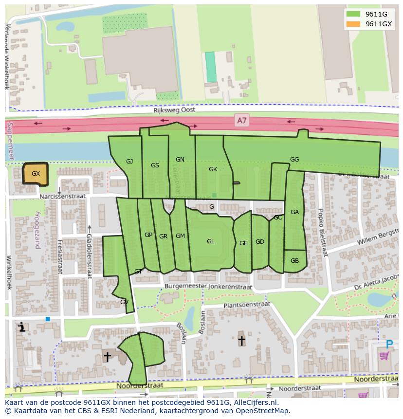 Afbeelding van het postcodegebied 9611 GX op de kaart.