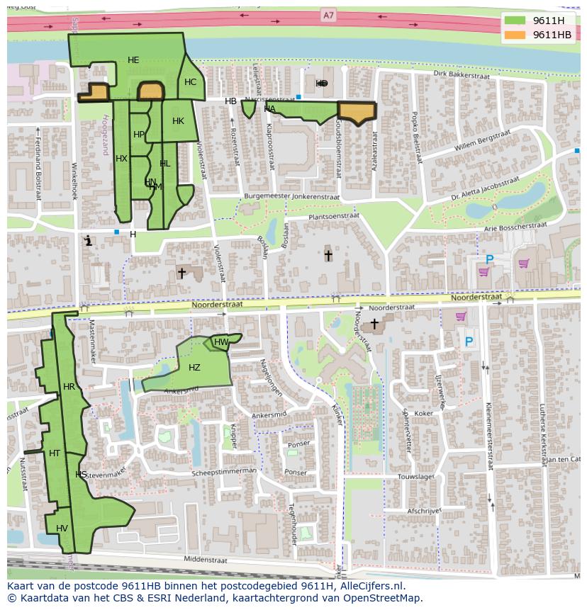 Afbeelding van het postcodegebied 9611 HB op de kaart.