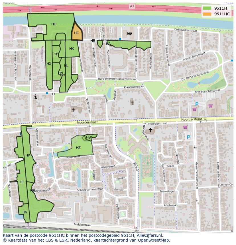 Afbeelding van het postcodegebied 9611 HC op de kaart.