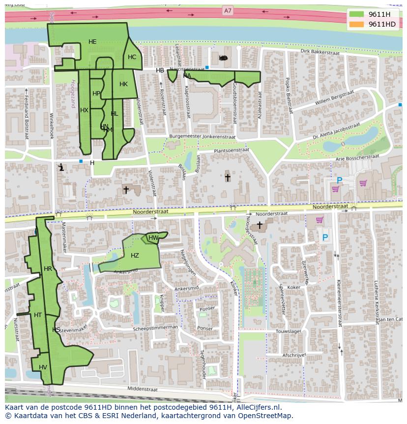 Afbeelding van het postcodegebied 9611 HD op de kaart.