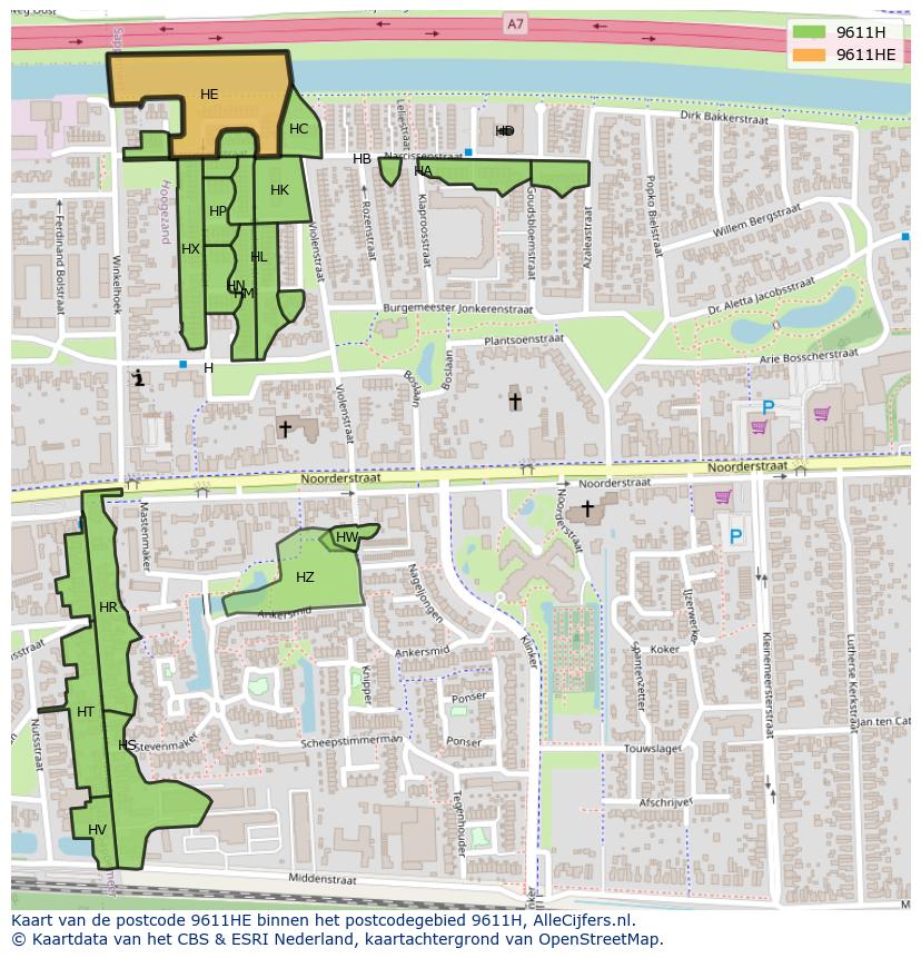 Afbeelding van het postcodegebied 9611 HE op de kaart.