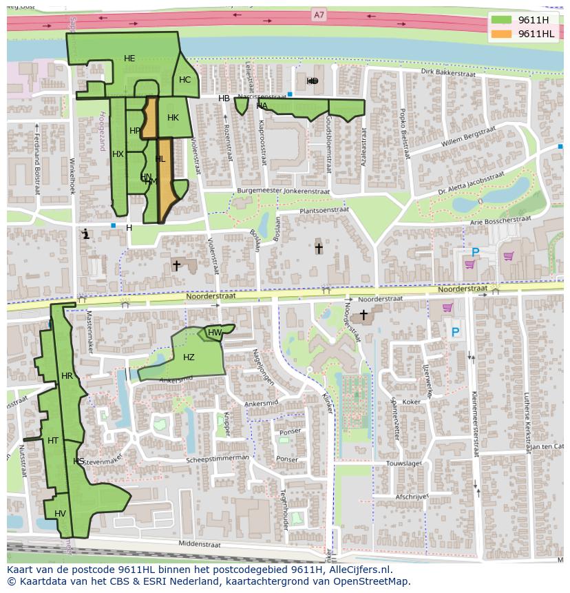 Afbeelding van het postcodegebied 9611 HL op de kaart.