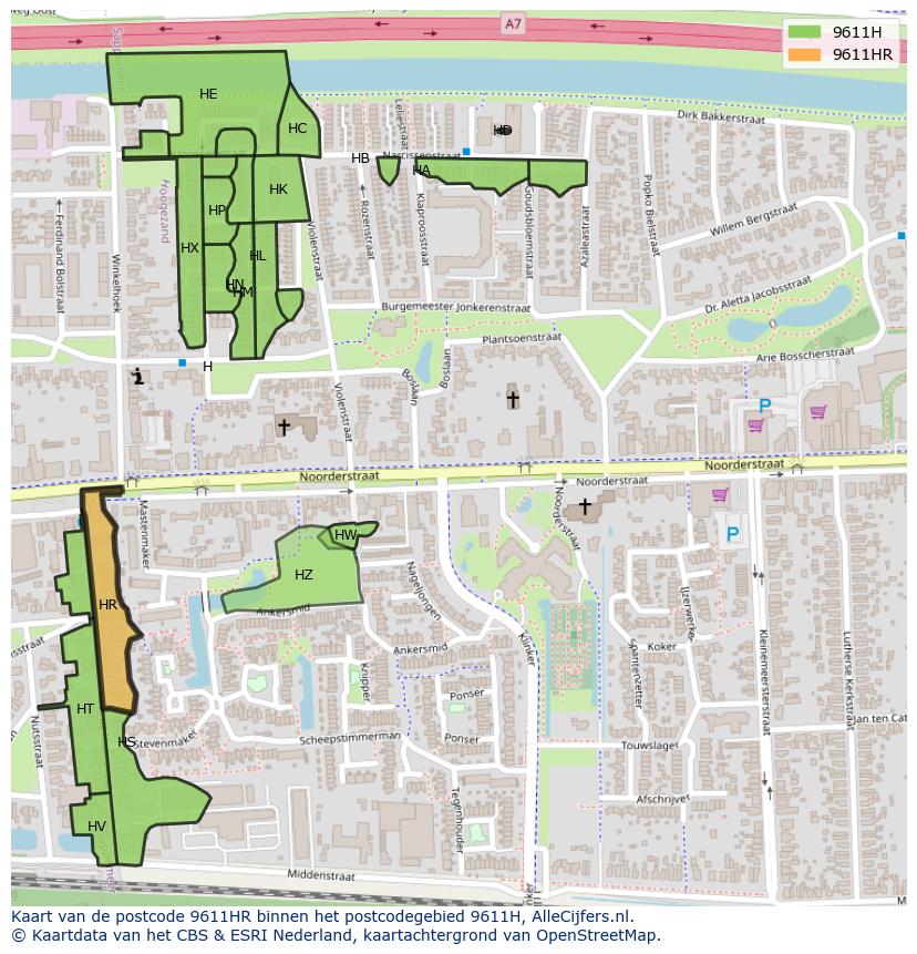 Afbeelding van het postcodegebied 9611 HR op de kaart.
