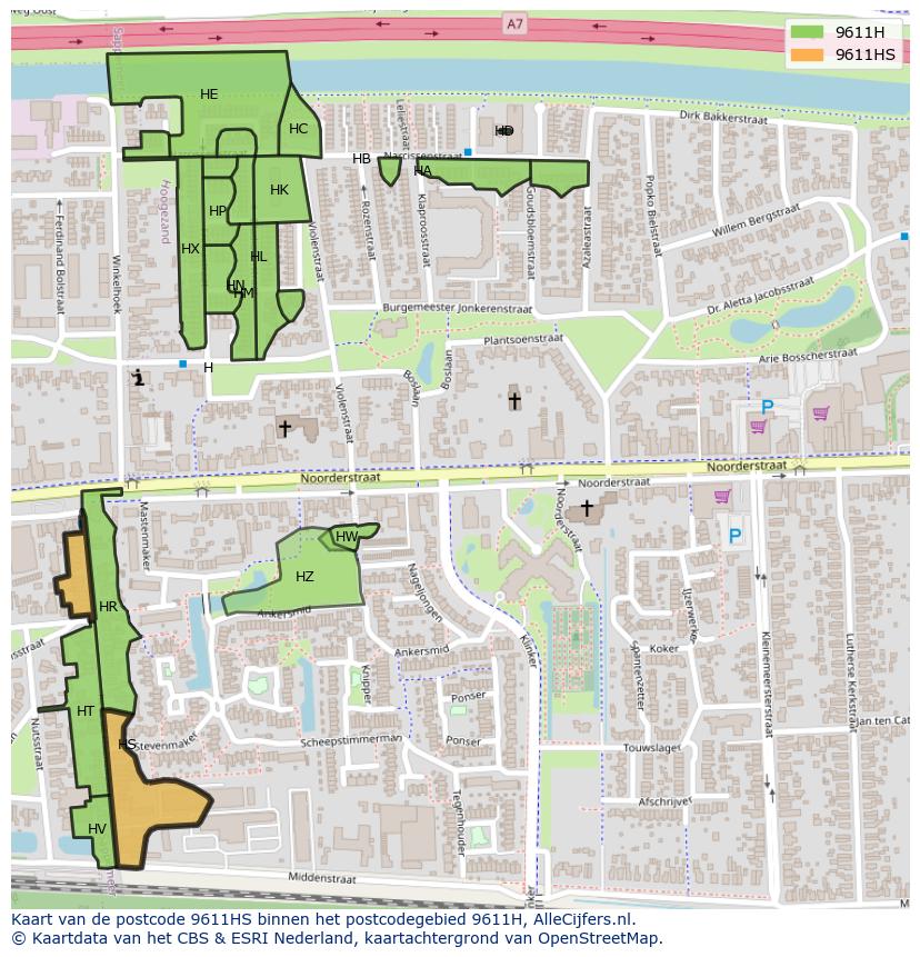 Afbeelding van het postcodegebied 9611 HS op de kaart.