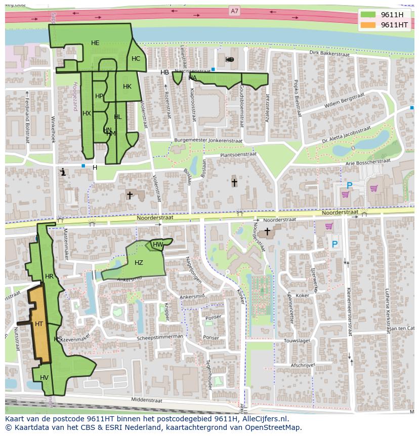 Afbeelding van het postcodegebied 9611 HT op de kaart.