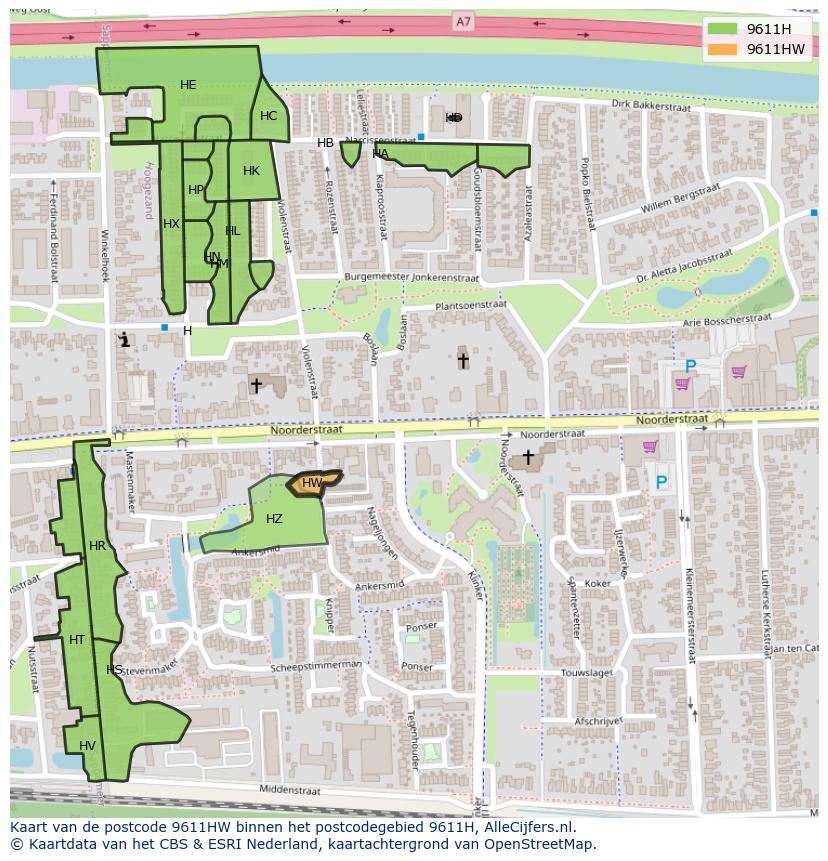 Afbeelding van het postcodegebied 9611 HW op de kaart.