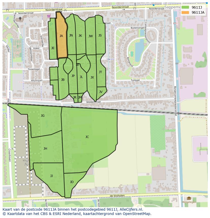 Afbeelding van het postcodegebied 9611 JA op de kaart.