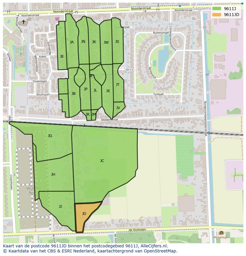 Afbeelding van het postcodegebied 9611 JD op de kaart.