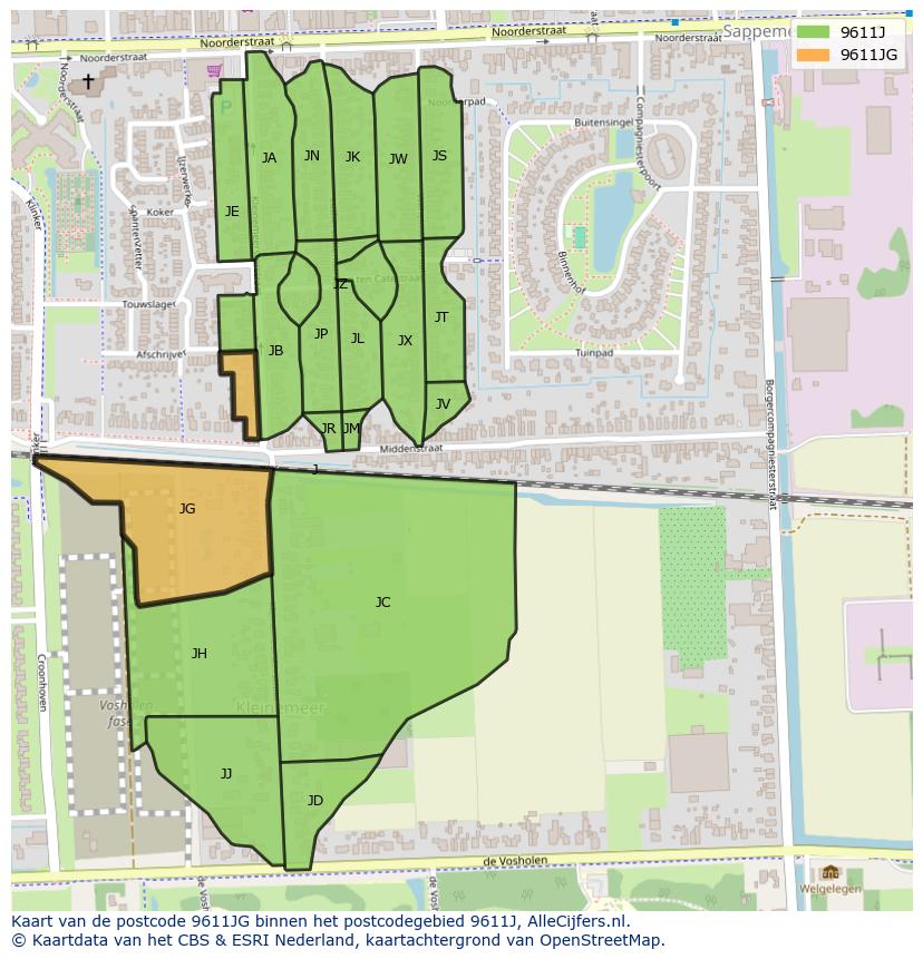 Afbeelding van het postcodegebied 9611 JG op de kaart.