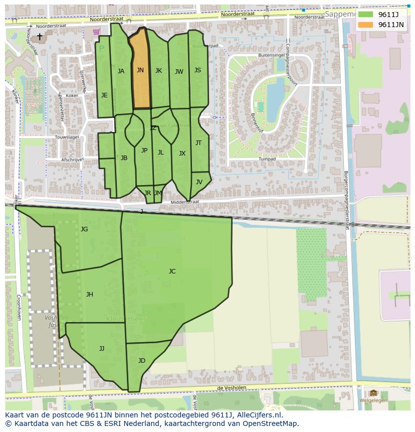 Afbeelding van het postcodegebied 9611 JN op de kaart.