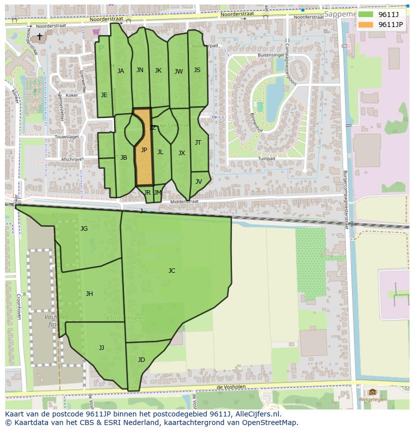 Afbeelding van het postcodegebied 9611 JP op de kaart.