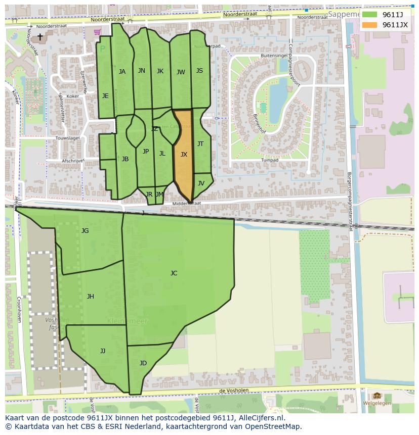 Afbeelding van het postcodegebied 9611 JX op de kaart.