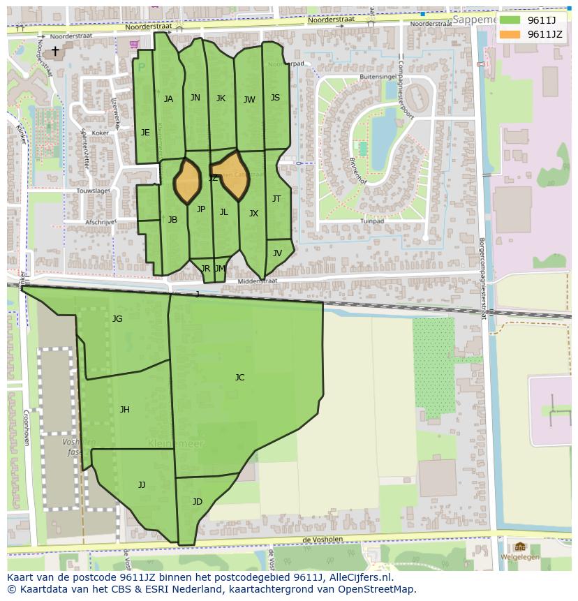 Afbeelding van het postcodegebied 9611 JZ op de kaart.