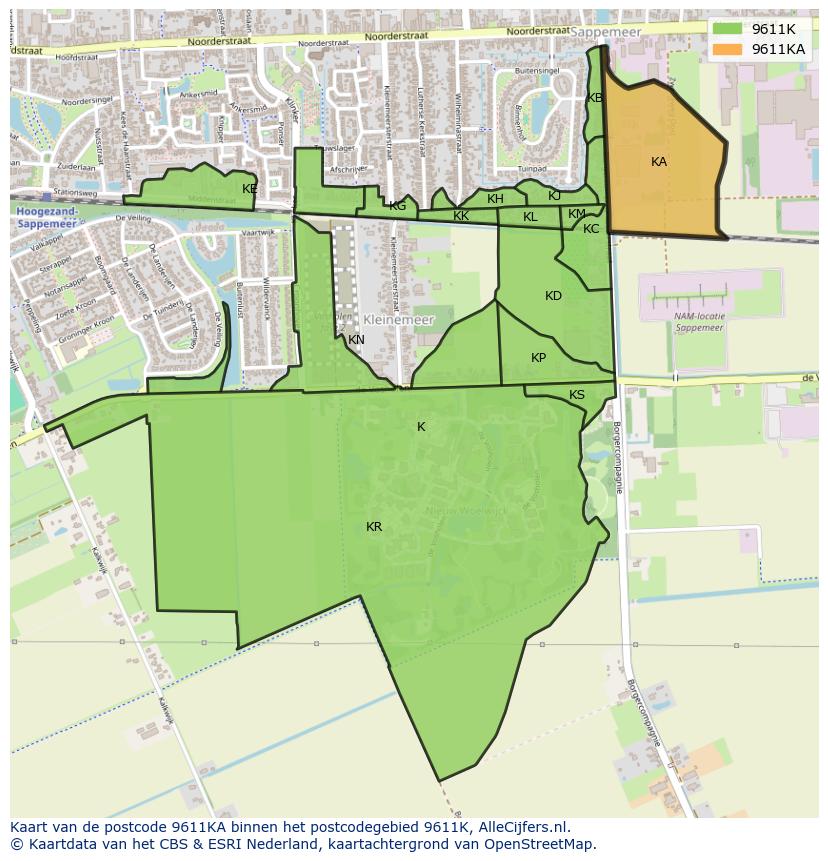 Afbeelding van het postcodegebied 9611 KA op de kaart.
