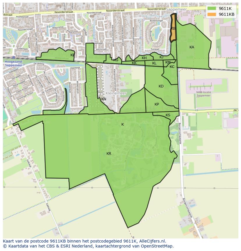 Afbeelding van het postcodegebied 9611 KB op de kaart.