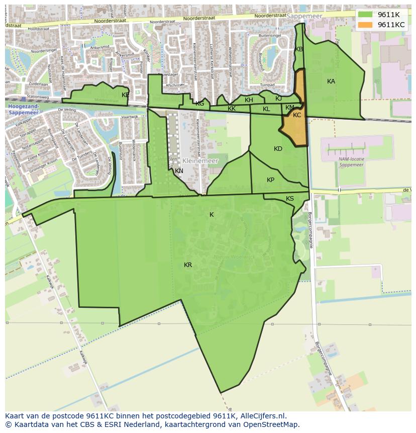 Afbeelding van het postcodegebied 9611 KC op de kaart.