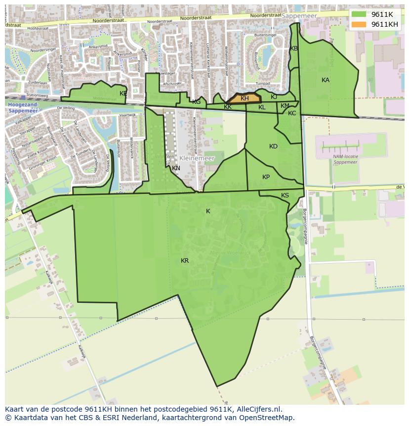Afbeelding van het postcodegebied 9611 KH op de kaart.