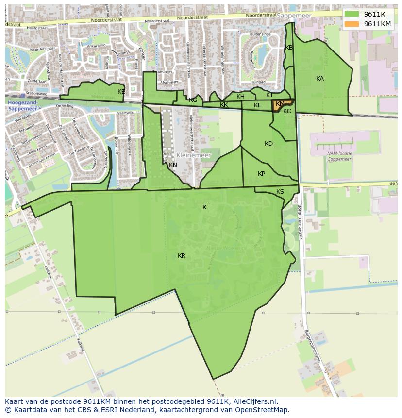 Afbeelding van het postcodegebied 9611 KM op de kaart.
