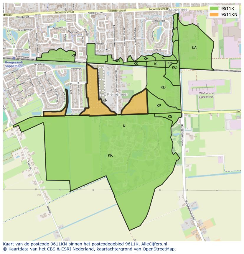 Afbeelding van het postcodegebied 9611 KN op de kaart.