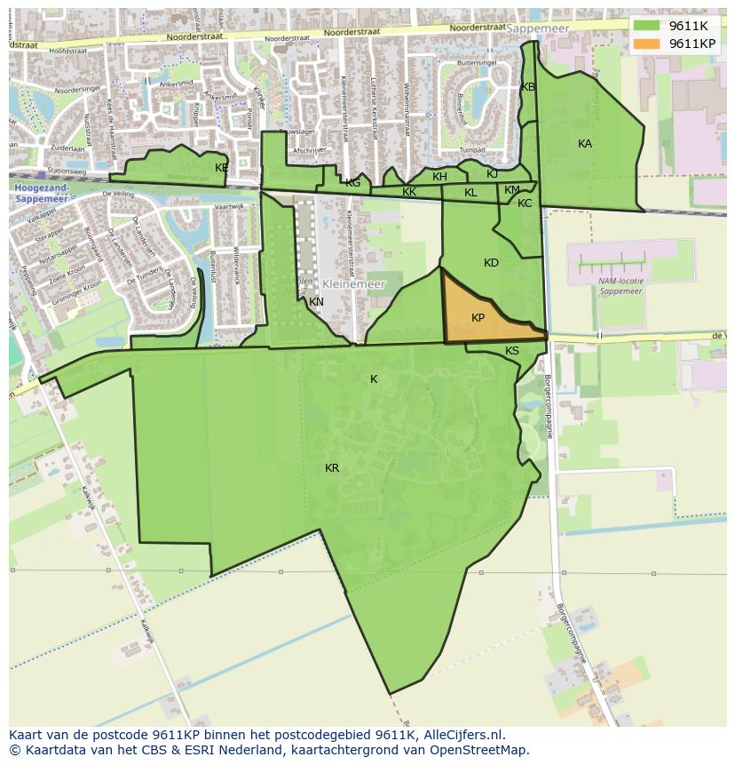 Afbeelding van het postcodegebied 9611 KP op de kaart.