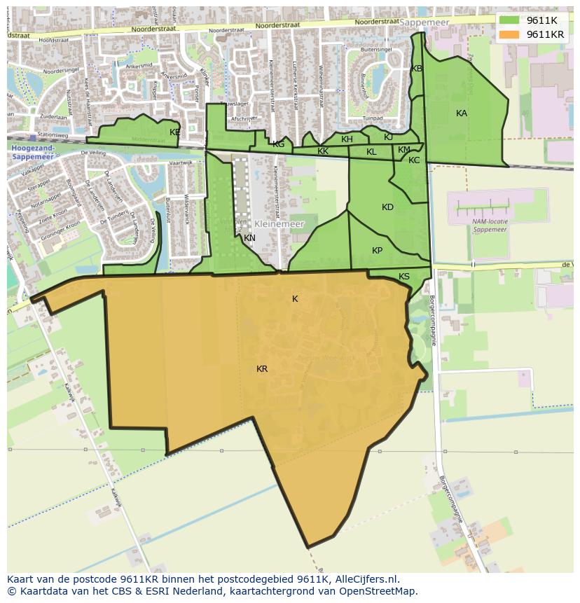 Afbeelding van het postcodegebied 9611 KR op de kaart.
