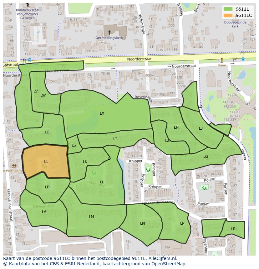 Afbeelding van het postcodegebied 9611 LC op de kaart.
