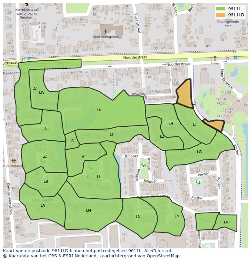 Afbeelding van het postcodegebied 9611 LD op de kaart.