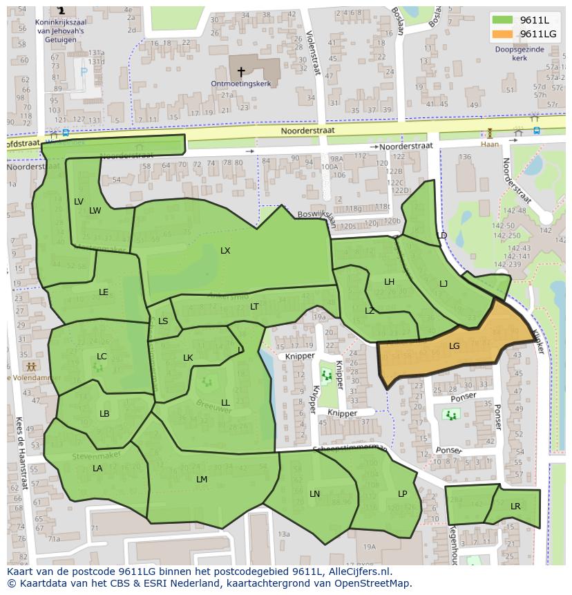 Afbeelding van het postcodegebied 9611 LG op de kaart.