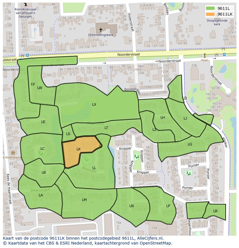 Afbeelding van het postcodegebied 9611 LK op de kaart.
