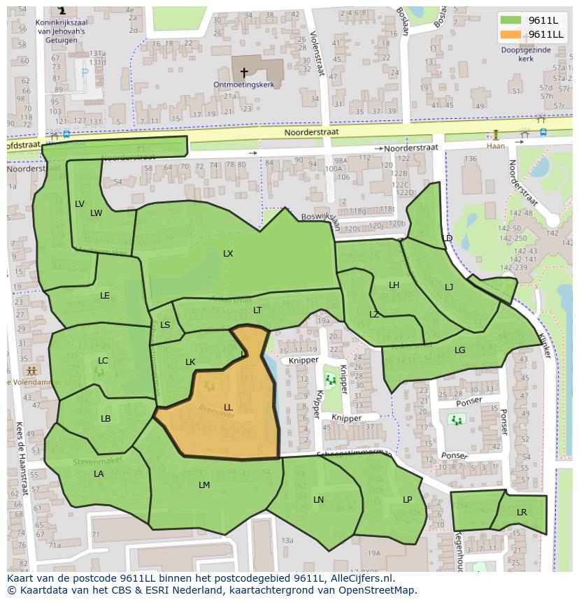 Afbeelding van het postcodegebied 9611 LL op de kaart.